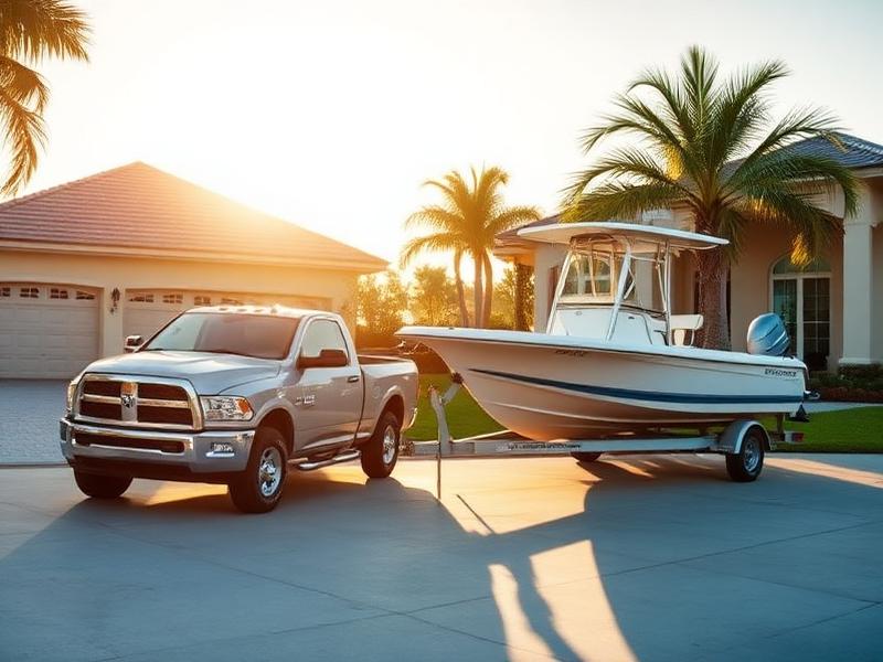 Pickup truck towing a fishing boat in the driveway of a Florida home