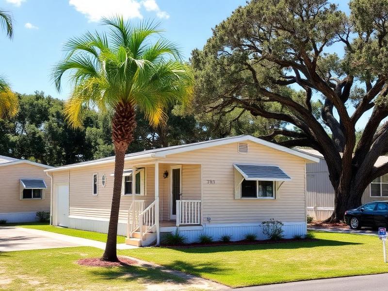 Manufactured mobile home with a palm tree in an Ocala, Florida neighborhood